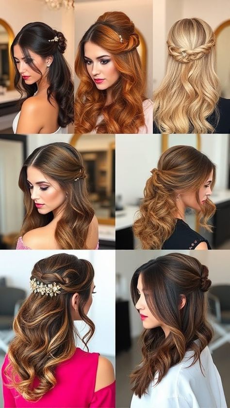 Trendy Half-Up Half-Down Hairstyles You Need to Try Easy Updos For Long Hair Half Up, Half Up Half Down 70s Hair, Sophisticated Half Up Half Down Hair, Half Up Half Down Wedding Hair Guest, Easy Hairstyles For Fancy Events, Vintage Half Up Half Down Hair, Fun Half Up Half Down Hairstyles, Maid Of Honor Hairstyles Half Up, Formal Hairstyles For Long Hair Half Up