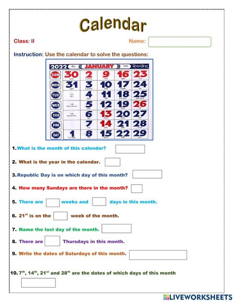 Math Problems For Kids, Magical Classroom, General Knowledge For Kids, Calendar Worksheets, Calendar Word, Calendar Math, Mathematics Worksheets, Work Sheet, 2nd Grade Worksheets