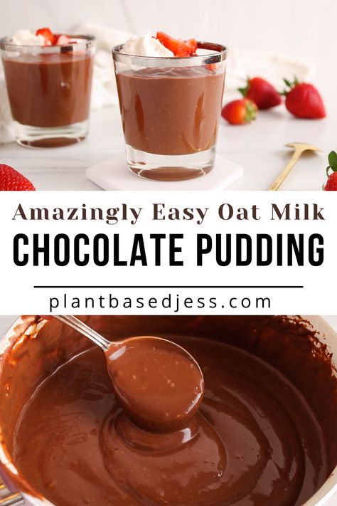 View on a small jar with a vegan oat milk chocolate pudding. Lactose Free Pudding, Uses For Oat Milk, Chocolate Oat Pudding, Oat Milk Chocolate Pudding, Oat Milk Pudding Recipe, Vegan Chocolate Pudding Recipe, Oat Milk Pudding, Oatmilk Recipes, Recipes With Oat Milk