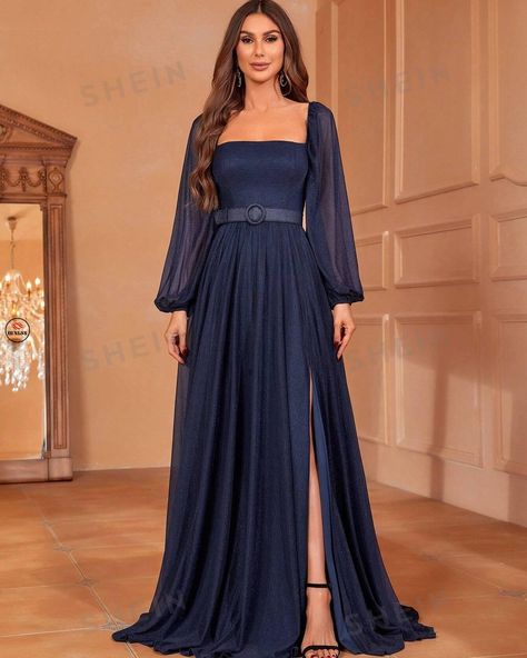 DENGSS Square Neck Lantern Sleeve Split Thigh Formal Dress https://dengss.clothing/dengss-square-neck-lantern-sleeve-split-thigh-formal-dress/?feed_id=19642&_unique_id=65e1d1d899127Color: Navy BluePattern Type: PlainType: A LineDetails: Belted, Zipper, Split ThighNeckline: Square NeckSleeve Length: Long SleeveSleeve Type: Bishop SleeveLength: MaxiHem Shaped: SlitWaist Line: High WaistFit Type: Regular FitFabric: Medium StretchMaterial: Knitted FabricComposition: 95% Polyester, 5% ElastaneCar... Dark Blue Gown, Vestidos Color Vino, Split Dress Thigh, Wedding Dresses For Kids, Navy Blue Bridesmaid Dresses, Wedding Dress Sequin, Sequin Wedding, Womens Prom Dresses, Blue Gown