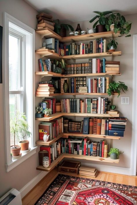 In Wall Bookcase, Living Room Corner Bookshelf, Corner Hanging Bookshelves, Library In Small Space, Book Corner Ideas Living Room, Bookshelf Interior Design, Book Shelf Corner Wall, In House Library Ideas, Living Room Floating Bookshelves