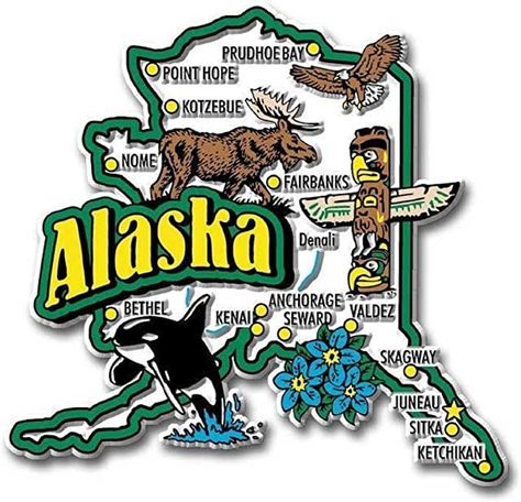 Amazon.com: alaska inside passage souvenirs Alaska Illustration, Colorful Icons, City Names, Fairbanks Alaska, Alaska Travel, State Map, Travel Scrapbook, Stamp Design, Refrigerator Magnets