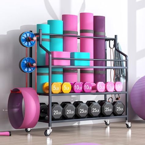 Azheruol Yoga Mat Storage Rack Cart Multifunctional large Capacity Dumbbell Stable Steel Rolling Storage rack for Large Rolling Kettlebells Rope,Home Gym Workout Organizer Fitness Sports for Home Sports Gear Storage, Sports Equipment Organization, Fitness Storage, Gym Organizer, Home Gym Workout, Yoga Mat Storage, Steel Storage Rack, Organization Cart, Gym At Home