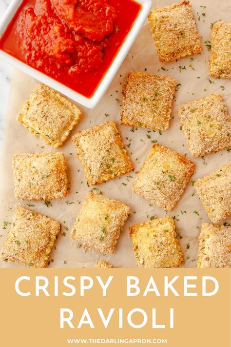 Crispy Baked Ravioli on brown parchment with a white bowl of marinara sauce for dipping Oven Baked Ravioli, Frozen Ravioli Bake, Oven Toasted Ravioli, Baked Ravioli Appetizer, Crispy Baked Ravioli, Frozen Ravioli Recipes, Fried Ravioli Recipe, Cheese Ravioli Recipe, Baked Ravioli Recipe