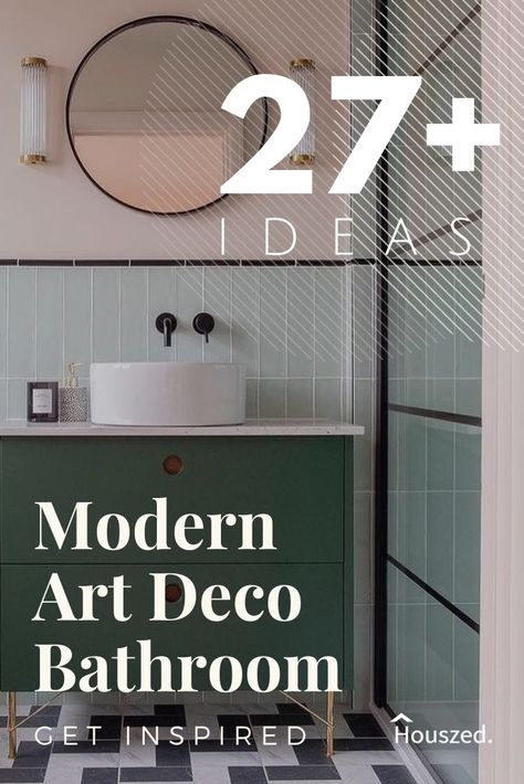 Art Deco Apartment Bathroom, Modern Art Deco Inspired Bathroom, Art Deco Bathrooms Modern, Art Deco Bathroom Tile Ideas, Bathroom Decor Art Deco, Powder Room Art Deco, Art Deco Cloakroom, Art Deco Laundry, Bathroom Ideas Art Deco