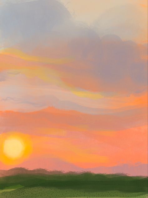 Sunset Background Drawing, Sunset Aesthetic Cartoon, Sunset Illustration Art, Sunset Animation, Procreate Sunset Tutorial, Sunrise Graphic Design, Sunset Wallpaper Illustration, Sunset Procreate, Sunset Landscape Illustration