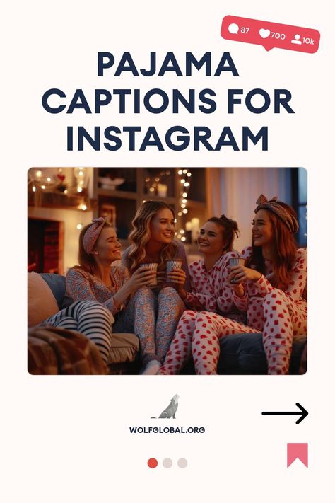 A group of friends in pajamas with drinks, social media concept for pajama captions.
A graphic with checkmarks boasting various humorous phrases celebrating pajama fashion.
A promotional image for Wolf Global's Instagram engagement pod with woman on laptop, social media icons, and text. Pajama Captions For Instagram, Nap Captions, Sleepover Captions For Instagram, Pyjama Quotes, Sleepover Captions, Pajamas Quotes, Funny Pjs, Girls Pajamas Party, Pajama Day At School