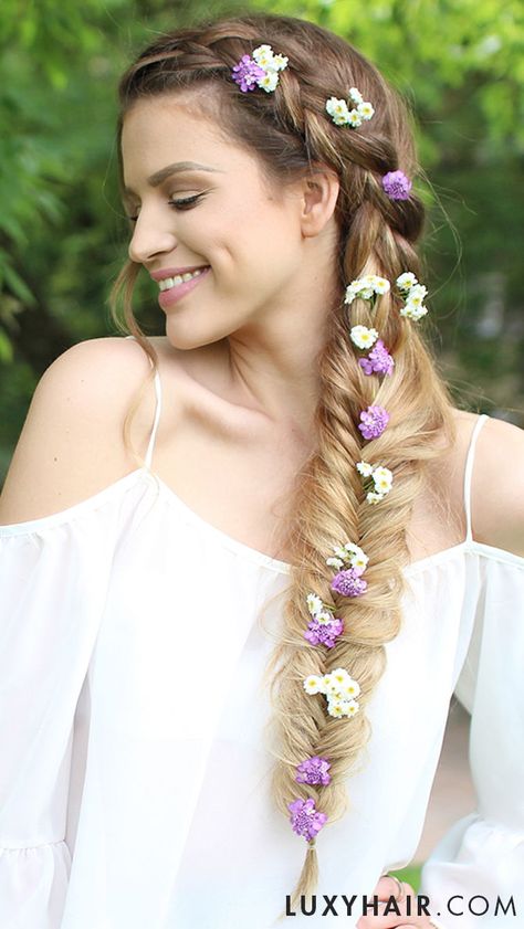 Bohemian Loose Fishtail Braid with delicate flowers, such a perfect look for any free spirited bride. Flowers In Your Hair, Fishtail Hairstyles, Hair Extension Brands, Flower Braids, Amazing Hairstyles, Luxy Hair, Luscious Hair, Halo Hair, Heatless Hairstyles