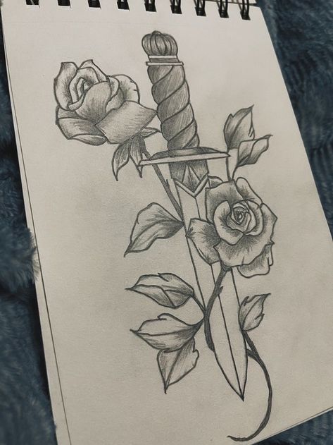 Rose Drawing With Shading, Dangerous Flower Drawing, Backstabber Drawing, Romantic Drawings For Him, Drawing Ideas Rose, Dagger Sketch, Rose Dagger Tattoo, Drawing Knife, Knife And Rose Tattoo