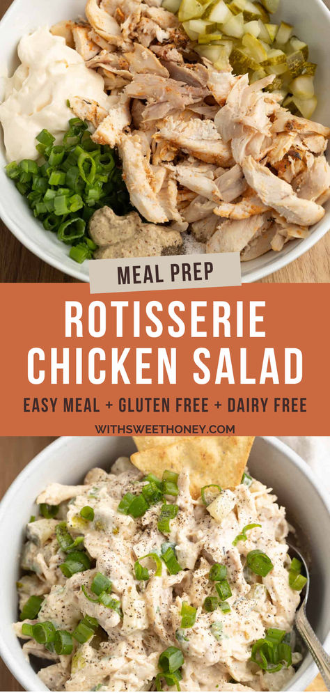 This easy rotisserie chicken salad is a guaranteed crowd-pleaser. Whether you're looking for a light lunch or a flavorful dinner option, this recipe will become your go-to choice. Made with protein-packed chicken, mayo, dill pickles, green onion and stone ground mustard. It is also gluten free, dairy free and easily made paleo friendly! #chickensalad Healthy Chicken Salad Dairy Free, Gluten Free Dairy Free Chicken Salad, Salad Gluten Free, Chicken Salad Gluten Free, Dairy Free Recipes With Rotisserie Chicken, Dairy Free Chicken Salad Recipe, Gluten And Dairy Free Chicken Salad, Healthy Dairy Free Recipes Lunch, Dairy Free Egg Salad