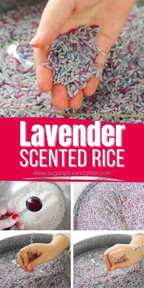 How to make lavender scented rice for a calming sensory bin for before bed or nap time. This lavender scented rice can also be used to make a writing tray for kids to draw letters and designs into. Scented Rice Sensory Bin, Lavender Sensory Rice, Scented Sensory Bin, Diy Rice Sensory Bin, Lavender Rice Sensory Bin, Lavender Crafts For Kids, Sensory Bin Diy, Rice Sensory Bin, Lavender Rice