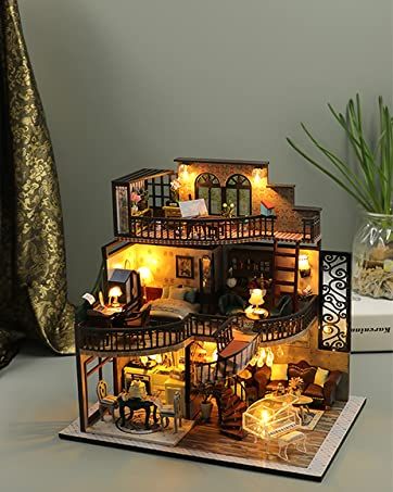 Amazon.com: Lannso DIY Dollhouse Miniature Wooden Furniture Kit with Electronic English Manual, Doll House Kit with Dust Proof Cover and Music Box, Mini Handmade Wooden Dollhouse Toys for Adult Gift(M2132) : Toys & Games Wooden Dollhouse Kits, Wooden Hut, Diy Cabin, Mini Doll House, Dollhouse Miniatures Diy, Dollhouse Kits, Wooden Dollhouse, Modern Loft, Miniature Diy