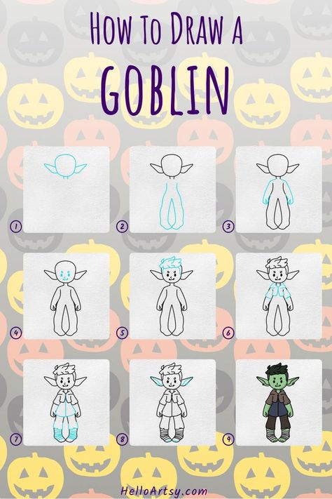 9 drawings demonstrating how to draw a how to draw a goblin for kids. Goblin Drawing Reference, How To Draw A Goblin, Goblin Drawing Sketches, Funny Goblin Art, Goblin Drawing, Goblin Painting, Easy Halloween Drawings, Full Drawing, Drawings Ideas