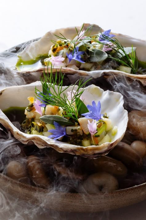 Oyster Serving Ideas, Scallops Shell, Yuzu Dressing, Scallop Recipe, Oyster Recipes, Great British Chefs, Scallop Recipes, Oyster Shells, Edible Flowers