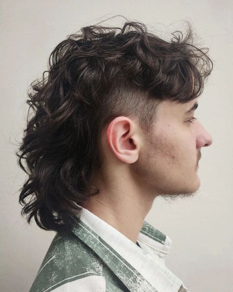 Mullet para Fernando 💚 Mullet Lungo Uomo, Mullet With Bangs Men, Mullet Hair Dye Ideas, Traditional Mullet, Curly Mullet Hairstyle Mens, Medium Length Mullet, Long Mullet Men, Curly Modern Mullet, Male Mullet