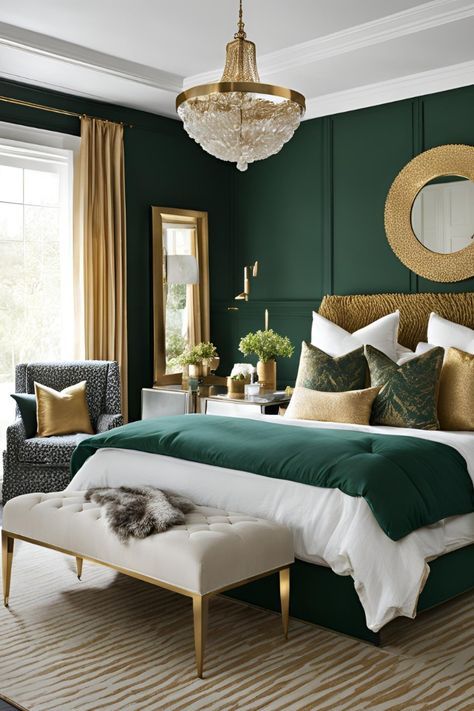 Green Gold Bedroom Decor, Gold White Green Bedroom, Dark Green Decor Ideas, Bold Bedroom Design, Dark Green Masculine Bedroom, Forest Green And Gold Bedroom Ideas, Yellow And Dark Green Bedroom, All Green Bedroom Walls And Ceiling, Green And Gold Room Ideas Bedroom