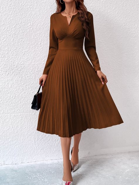 A Line Fall Dresses, Long Brown Dress Outfit, A-line Dresses, Coffee Brown Dress, Dresses In Winter, Coffee Dress, Colorful Outfit Ideas, Comfy Jumpsuits, Burgundy Style