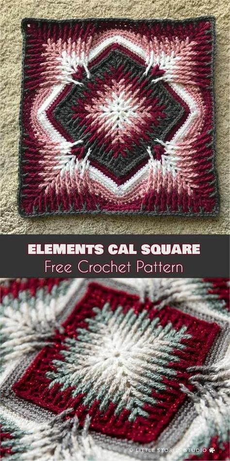 Elements Cal Crochet Square for Blankets Pillows Cal Crochet, Motifs Granny Square, Disney Crochet Patterns, Crochet Afghan Patterns Free, Crochet Blocks, Pattern Knitting, Sweater Knitting, Crochet Patterns Free Blanket, Haken Baby