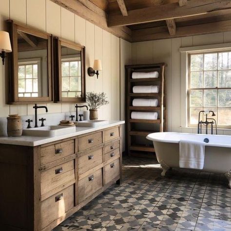 Moody Farmhouse Bathroom, Rustic Farmhouse Bathroom Ideas, Modern Farmhouse Bathroom Ideas, Farmhouse Bathroom Accessories, Farmhouse Bathroom Ideas, Vintage Tiles, Rustic Farmhouse Bathroom, Farmhouse Bathroom Design, Farmhouse Bathroom Decor Ideas