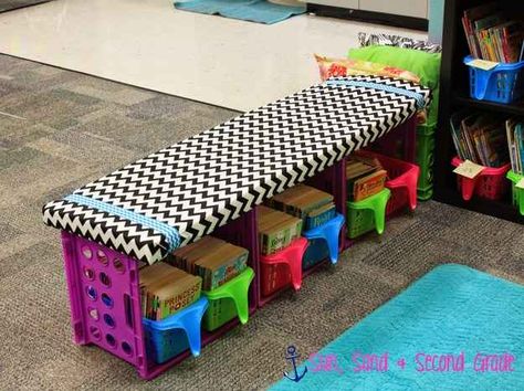 Or a DIY crate bench.  This would be great for a reading nook in my sons bedroom. They have these crates available at 5 Below! Crate Bench, Classroom Layout, Classroom Organisation, Classroom Projects, Diy Classroom, New Classroom, Creative Classroom, Classroom Library, Classroom Setup