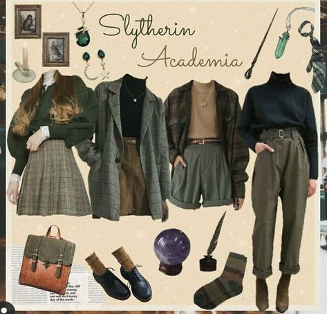 Hogwarts Dress Inspired Outfits, Slytherin Dark Academia Outfits, Dark Academia Slytherin Outfit, Villan Era Hair, Hogwarts Academia Outfit, Hogwarts Style Inspired Outfits, Dark Green Academia Outfit, Slytherin Style Inspired Outfits, Green Academia Clothes