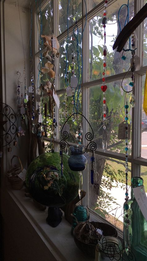 Window Decor Aesthetic, Beaded Window Hanging Diy, Beads In Window, Window Jewelry, Witchy Window Decor, Bead Window Hanging, Hanging Window Decor, Hanging Prisms In Window, Beaded Window Hanging