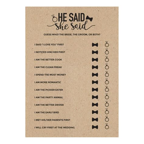 Who said "I love you" first: bride or groom? Who's the early bird, or the better cook? Get ready for tons of laughter at your bridal shower when you introduce this bridal shower game. You might even have these on hand at your wedding reception for guests to fill out at their leisure and leave for the bride and groom to find later! Cardstock. (25 pcs. per unit) 5" x 7" © OTC Jack And Jill Wedding Shower Ideas, Western Bridal Shower Ideas, Western Bridal Showers, Wedding Party Games, I Loved You First, He Said She Said, Couple Wedding Shower, Wedding Shower Games, Bridal Shower Brunch