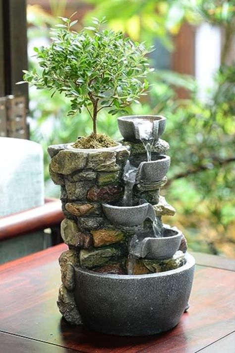 Haobos Indoor Fountain 4-Bowl Rockery Soothing Sound Tabletop Fountains Home/Office Decor with a Small Plastic Pot to Grow The Plant by Yourself(Automatic Watering)(22023) (paid link) Small Indoor Water Fountains, Desk Fountain, Self Watering Plants, Tabletop Water Fountain, Indoor Water Fountains, Tabletop Fountain, Waterfall Fountain, Indoor Fountain, Outdoor Fountain