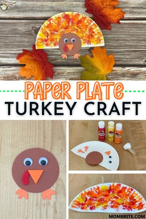 Turkey Plate Crafts Preschool, Thanksgiving Potholder Craft, Turkey Craft With Paper Plate, Turkey Craft Paper Plate, Preschool Art Thanksgiving, Turkey Plates Craft, Thanksgiving Project For Preschool, Cotton Ball Painted Turkey, Sponge Painted Turkey Craft