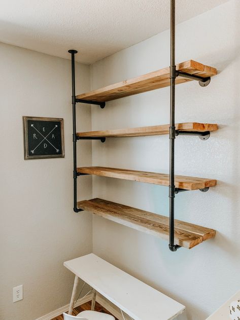 Industrial Shelves Diy, Industrial Wall Shelving, Shelves Made With Pipes, Metal Pipe Projects, Shelves With Pipes, Storage Room Shelving, Pipe Shelves Diy, Black Pipe Shelves, Piping Shelves