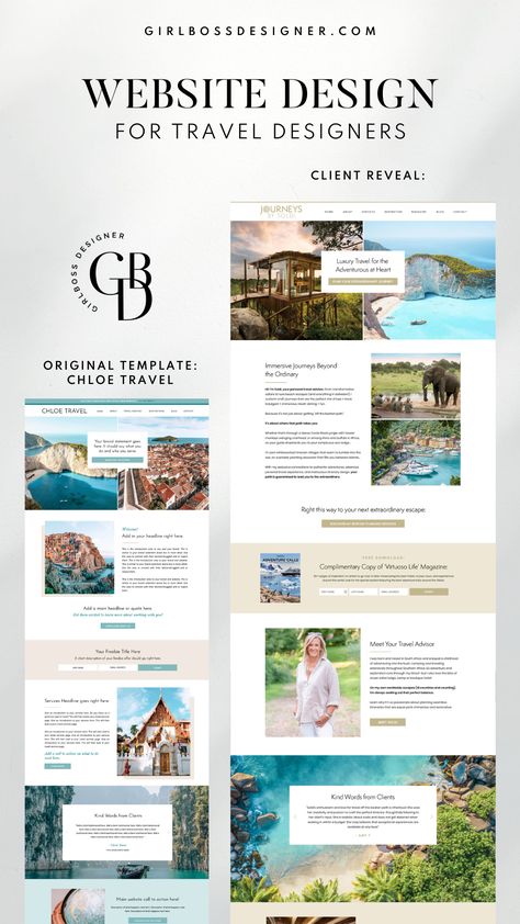 Our original Chloe Showit Website Template for Travel Advisors features a streamlined layout, clean lines, and a balance between images and white space. This template was used as a base for one of the client’s websites. We added extra layers of customization to make their website fully unique to their needs. This template is perfect for travel experts such as travel designers, travel advisors, travel hackers & personal concierges who want to curate a custom & luxe experience for their cl Travel Agency Website Design Templates, Travel Blog Branding, Beach Website Design, Travel Blog Website Design, Orange Website Design, Travel Agent Website, Orange Website, Agency Website Inspiration, Travel Blog Design