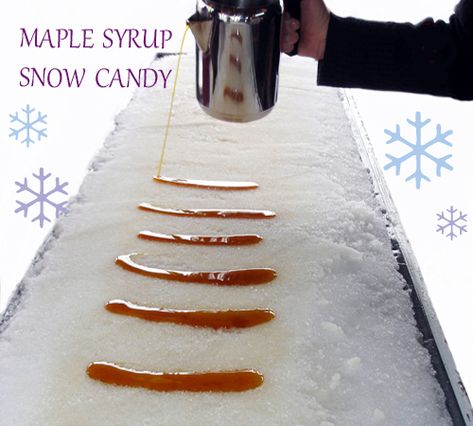 This old fashioned maple syrup snow candy (or sometimes called "Sugar on Snow") is very easy to make and only takes 2 ingredients, snow and maple syrup. It ca Maple Sugaring Activities, Pioneer Food, Maple Syrup Candy, Tree Tapping, Snow Candy, Maple Sugaring, Snow Ice Cream, Maple Recipes, Canadian Recipes