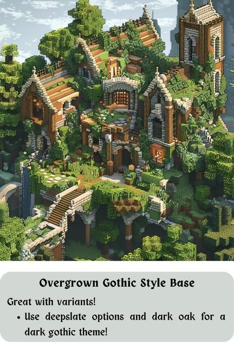 Minecraft Builds Inspiration, Minecraft Building Ideas Overgrown, Dark Oak Castle Minecraft, Minecraft Hill Side House, Minecraft Gothic Cottage, Minecraft Build House Ideas, Minecraft Building Ideas Dark Oak, Minecraft Hobbit House Ideas, Gothic Buildings Minecraft