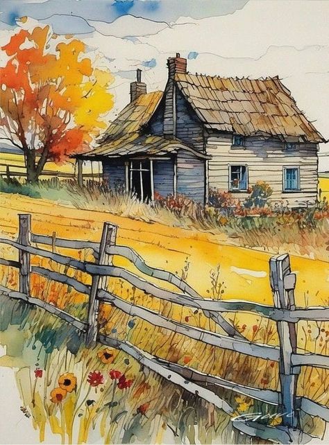 Farm Scene Paintings Easy, Farm Scene Painting, Cottage Drawing, Country Watercolor, Watercolor Barns, Cottage Images, Old Cabins, Watercolor House Painting, Drawing Scenery