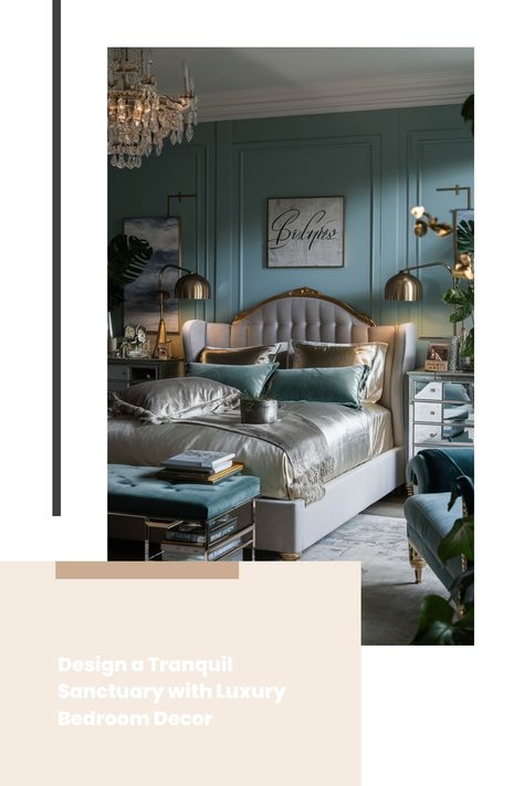 Elegant bedroom with a tufted bed, plush pillows, and chic decor featuring a chandelier. Cozy Colors Palette, Ensuite Bathroom Designs, Modern Bedroom Colors, Compact Kitchen Design, Bedroom Interior Ideas, Luxury Bedroom Decor, Bedroom Interiors, Home Library Design, Tranquil Retreat