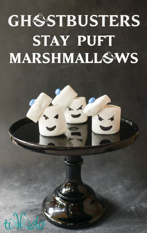 Ghostbusters Stay Puft Marshmallow Man Marshmallow Treats | Tikkido.com Ghost Busters Birthday, Scary Halloween Crafts, Bookmarks Halloween, Ghost Busters Birthday Party, Ghostbuster Party, Silly Vampire, Ghostbusters Birthday Party, Ghostbusters Theme, Decoration Craft Ideas