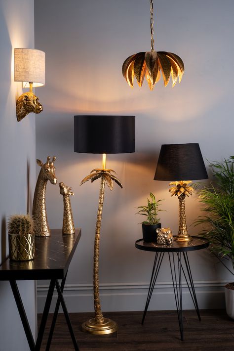 Lighting up with Surreaslism - The Lighting Company Jungle Themed Bedroom, Monkey Wall, Palm Tree Pendant, Gold Floor Lamp, Lounge Lighting, Jungle Print, Dimmable Lamp, Tropical Theme, Linen Shades