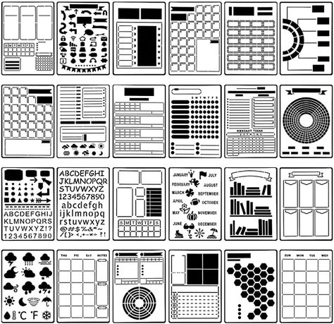 Amazon.com: 24 Pieces Journal Stencil Set Plastic Planner Bullet Journaling Stencils Ultimate Productivity Stencil DIY Templates to Create Calendars Schedule for A5 Journal Scrapbooking Notebook (Simple Style) : Arts, Crafts & Sewing Journal Stencils Templates, Bullet Journal Templates Free Printables, Journaling Stencils, Scrapbook Stencils, Bullet Journal Calendar Printable, Planner Stencil, Bullet Journal Templates, Windows Office, Bullet Journal Grid Spacing Page