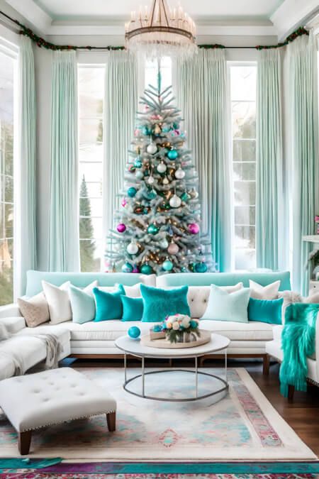 Pink Blue Christmas Decor, Tiffany Blue Christmas Tree, Pink And Blue Christmas Tree, Tiffany Blue Christmas, Pastel Christmas Decorations, Pink And Blue Christmas, Colored Christmas Tree, Christmas Turquoise, Pastel Christmas Tree