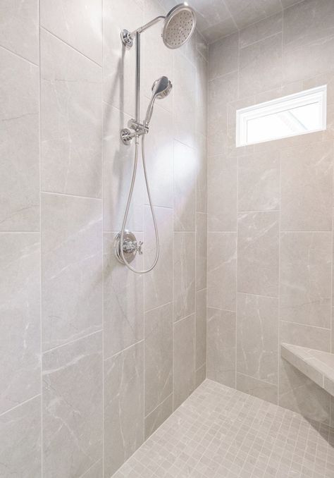 Vertical Shower Tile, Shower Layout, Large Tile Bathroom, Large Shower Tile, Tile Walk In Shower, Shower Wall Tile, Walk In Shower Designs, Window In Shower, Ideas For Bathroom