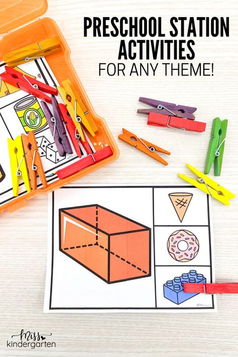 If you want to try weekly preschool themes but don't have time to switch out your learning stations every week, you'll definitely want to check out this post! I'm sharing fun preschool station activities that you can easily adjust for any theme! Click here to take a closer look at these preschool center activities. Stations For First Grade, Preschool Take Home Activities, Learning Stations Preschool, Preschool Stations, Preschool Center Ideas, Learning Centers Preschool, 3 D Shapes, Miss Kindergarten, Activity Preschool