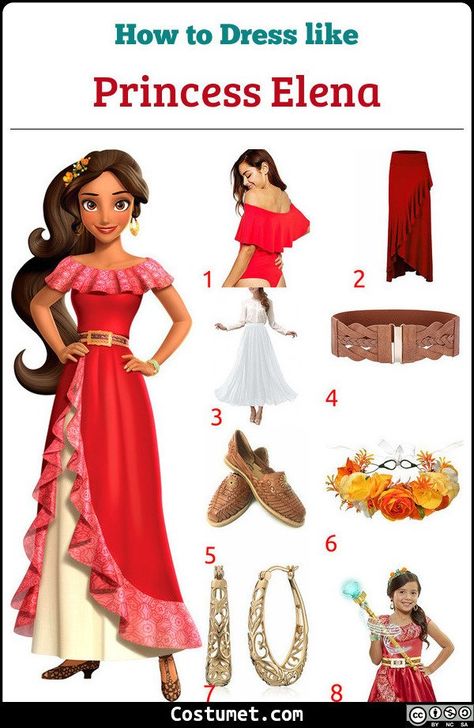 Princess Elena costume is a red salsa skirt at the bottom and a red off the shoulder shirt at the top. She also wears a wide brown belt and a nice pair of brown Mexican sandals.            #Cartoon #Disney #cartoon #female #tv #princess #ElenaofAvalor #Latina Elena Of Avalor Halloween Costume, Princess Elena Costume, Elena Of Avalor Outfits, Elena Of Avalor Costume, Dress Like Princess, Salsa Skirt, Elena Costume, Princess Elena Of Avalor Fanart, Elena Of Avalor Naomi