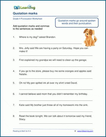 Quotation marks worksheets. In these worksheets students punctuate speech, adding quotation marks and other punctuation as needed. Free punctuation worksheets from K5 Learning. Quotation Marks Worksheet, Kindergarten Grammar, 2nd Grade Grammar, Speech Therapy Tools, Punctuation Worksheets, Speech Marks, Worksheets For Grade 3, Cursive Writing Worksheets, Comprehension Exercises