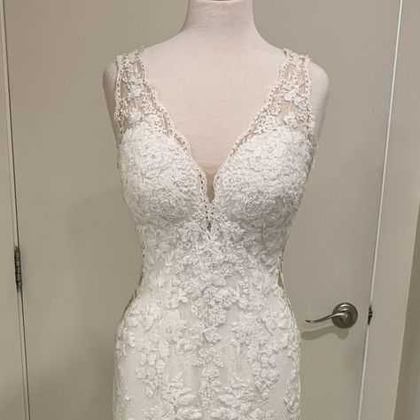 Nwt, All Ivory Wedding Dress By Stella York #6933 New With Tags! Size 10 Wedding Dress Size 6 Street Size Ivory / Ivory White Ivory Lace Floral Blooms With Ivory Beading Lend Lots Of Sparkly Texture Sheath In Style Stella York, Wedding Dress, Sheath, Fitted, Mesh Back With Buttons, V-Shaped Straps, Sleeveless, Bridal, Long, Train, Bride, Wedding, Embellished, Beaded, Sparkle, Lace, Vintage, Romantic, Ivory, Unaltered Vintage Wedding Dress With Unique Lace Details Traditional Details With Updated All Ivory Wedding, High Neck Wedding Gown, Stella York Dresses, Wedding Dress Sheath, Stella York Style, Princess Ballgown, Stella York Wedding Dress, Princess Bridal Gown, Long Train Wedding Dress