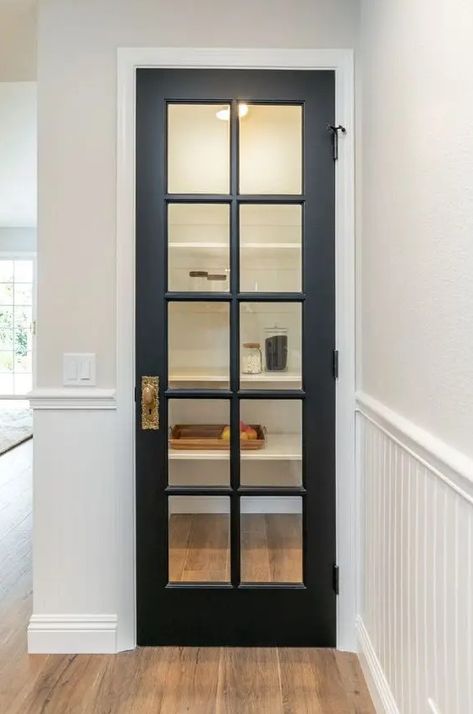 a stylish graphite grey French door to the pantry is a lovely idea to always see what's in and if you have everything you need Pantry Black Door, Glass Panel Pantry Door, Kitchen Door Ideas Entrance, Black French Doors Interior, Sliding Pantry Door, Pocket Door Pantry, Windows Style, Black French Doors, Single French Door