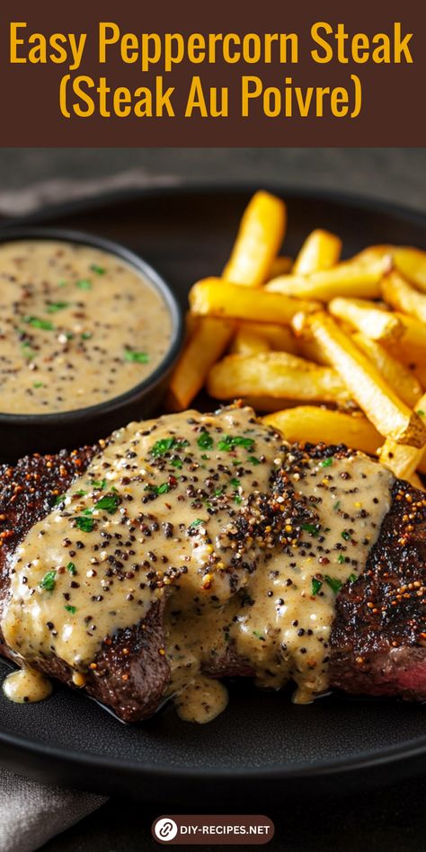 This easy Peppercorn Steak (Steak Au Poivre) recipe is a must-try! Juicy steak coated in crushed peppercorns and finished with a creamy sauce. Black Peppercorn Sauce For Steak, Steak And Peppercorn Sauce, Cognac Cream Sauce, Steak Au Poivre Pasta, Steak Cream Sauce, Steak Au Poivre Recipe Peppercorn Sauce, Peppercorn Sauce For Steak, Pepper Sauce For Steak, Porterhouse Steak Recipe