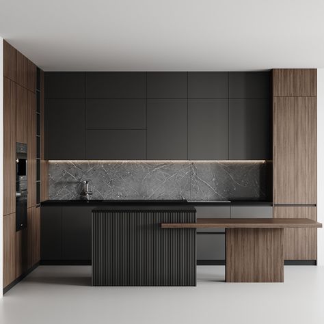 modern kitchen-018 :: Behance Luxury Black Kitchen, Contemporary Black Kitchen, American Kitchen Design, Modern Industrial Kitchen, Main Kitchen, Modern Wooden House, Modern Contemporary Kitchen, Contemporary Kitchen Cabinets, Industrial Kitchen Design