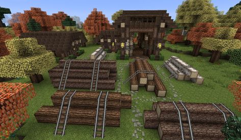 Minecraft - Lumberjack Overview by Shroomworks Minecraft Forest Village, Lodge Minecraft, Minecraft Lumberjack House, Minecraft Medieval Butcher, Lumberjack Minecraft, Minecraft Lumber Mill, Minecraft Forest Builds, Minecraft Forest House, Minecraft Survival Fortress