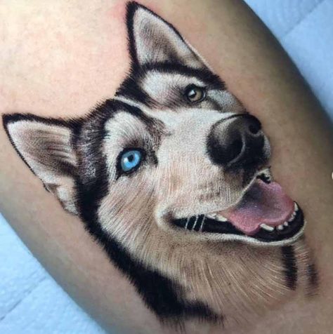 Husky Portrait Tattoo, Dog Tattoo Husky, Husky Tattoo Siberian, Siberian Husky Tattoo, Gsd Tattoo, Husky Tattoo Design, Husky Portrait, German Shepherd Tattoo, Pet Tattoo Ideas