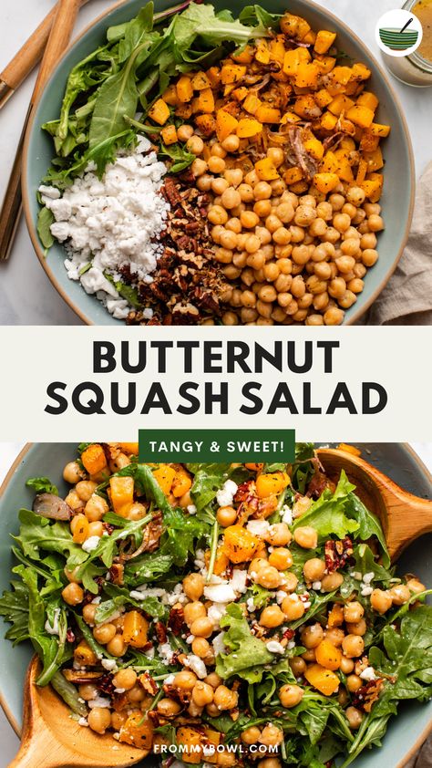 This Roasted Butternut Squash Salad is a hearty and comforting side dish that tosses seasonal fall produce, chickpeas, and crispy pecans in a tangy-sweet cider vinaigrette. Vegan and Gluten-Free, Nut-Free Option. Butternut Side Dish, Butternut Squash Dinner Recipes Healthy, Salad With Squash, Fall Chickpea Salad, Fall Salad Meal Prep, Butternut Squash And Potato Recipes, Butternut Pasta Salad, Savory Salad Recipes, Gluten Free Fall Side Dishes